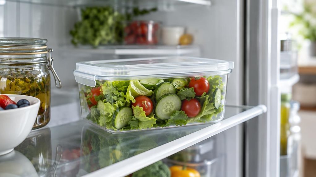 A photograph of a single clear food storage container resting on a refrigerator shelf, composed horizontally in a 16:9 landscape frame. The container is the hero, neatly filled with crisp green lettuce, sliced cucumber, and a few cherry tomatoes, with its clean, softly rounded lid set securely in place. Nearby, a glass jar and a small bowl of fruit sit casually on the shelf, suggesting an everyday home kitchen without distracting from the container. The refrigerator door is s