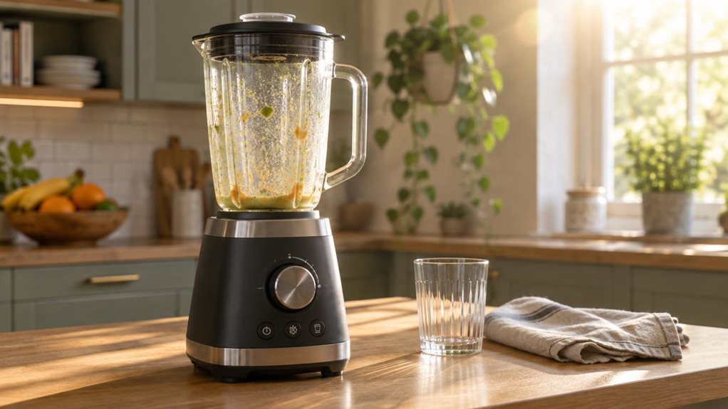 A photograph of a sleek countertop blender resting on a light oak kitchen counter, positioned slightly off-center within a horizontally composed 16:9 frame. The blender features a matte black base with brushed steel accents and a clear, ribbed glass pitcher showing faint traces of a recent smoothie—streaks of pale green and orange coating the inner walls. Morning sunlight streams in from a nearby window, casting soft, warm highlights across the pitcher's curves and creating a