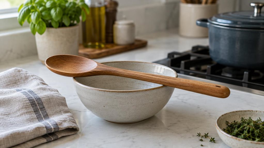 A photograph of a single sturdy wooden cooking spoon resting naturally across the rim of a ceramic bowl on a clean kitchen counter, its smooth, warm-toned wood grain and gently rounded handle clearly visible. Nearby are a folded linen towel, a small dish of herbs, and a pot on the stovetop, suggesting an everyday home kitchen without making the scene feel staged. The spoon is the clear hero, shown in its natural setting and undisturbed, as if noticed during a quiet moment bet