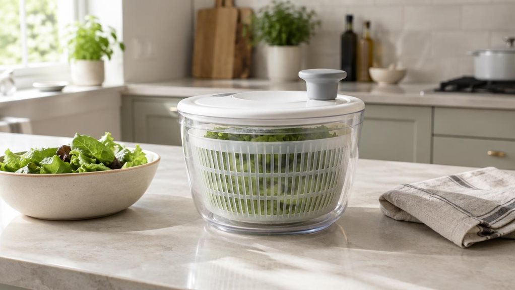 A photograph of a Teesa-style salad spinner resting on a pale stone kitchen island in a bright, modern home kitchen. The single 2.5-liter spinner is the clear hero, shown in a natural in-situ setting beside a folded linen tea towel and a small bowl of freshly washed greens. Its transparent bowl reveals the greens inside, while the fitted lid and understated handle are clearly visible. The scene feels candid and observational, as though captured during a quiet moment in meal p