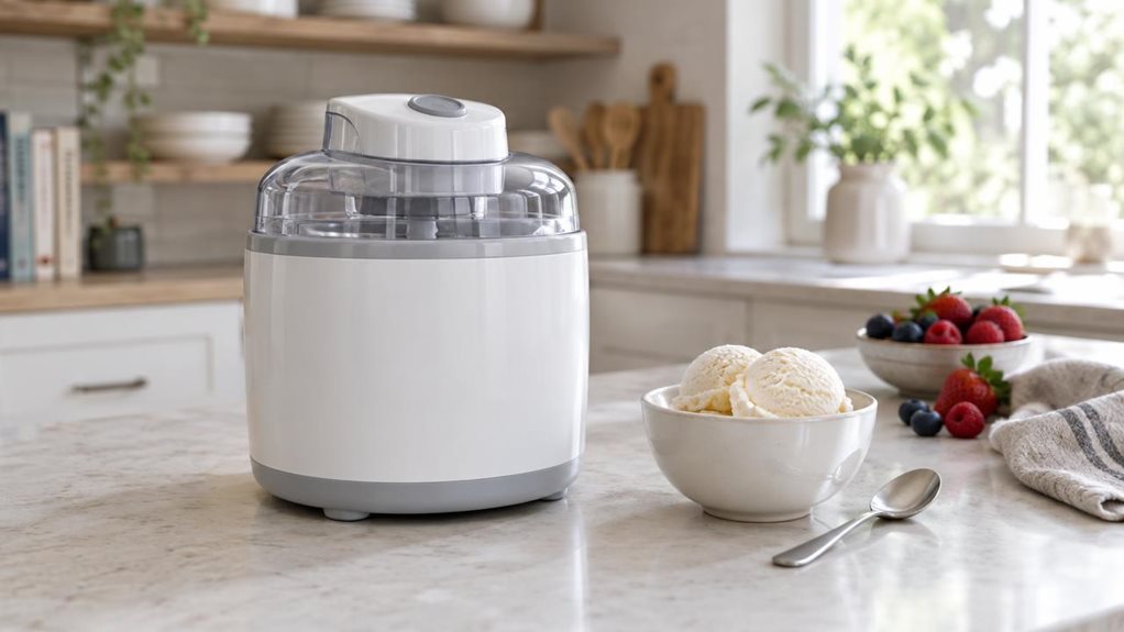 A photograph of a single countertop ice cream maker in a bright, modern home kitchen, composed horizontally in a 16:9 landscape frame. The compact appliance is the clear hero, resting naturally on a pale stone counter beside a small bowl of freshly scooped vanilla ice cream and a simple metal spoon. Its smooth white housing, subtle gray details, and transparent lid look realistic and unbranded. A folded linen towel and a few ripe berries sit nearby, adding a casual, lived-in 