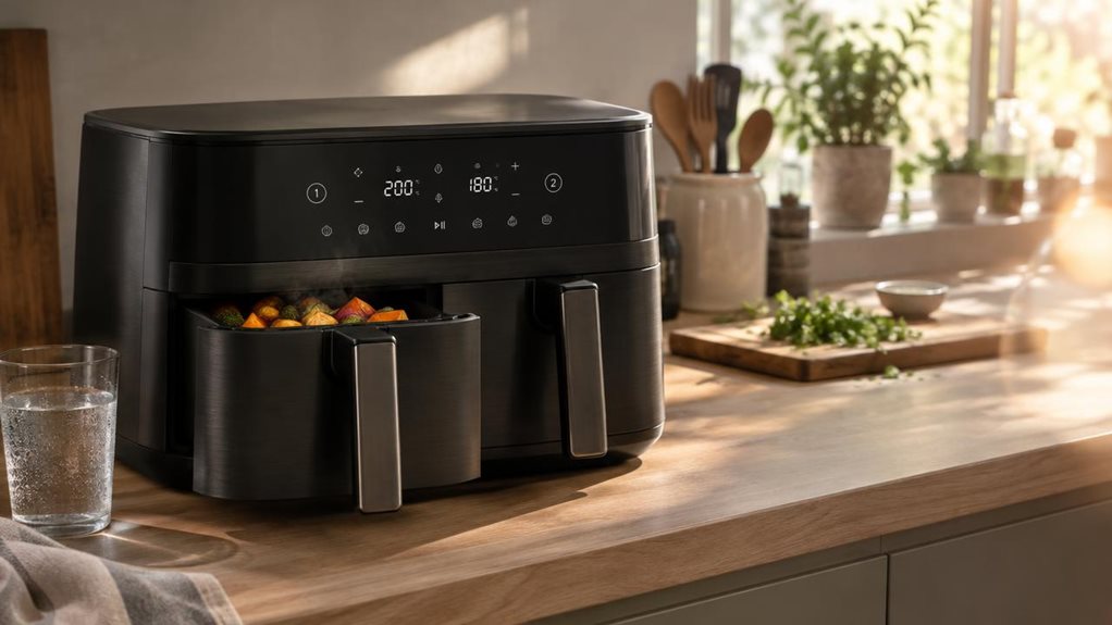 A photograph of a modern kitchen countertop bathed in soft morning light streaming through a nearby window. The hero subject is a large black dual-basket air fryer with brushed matte finish and sleek digital touch display, resting on a light oak countertop. Its twin baskets are slightly visible, one pulled open just an inch, revealing golden roasted vegetables inside, steam faintly rising. Condensation from a glass of water nearby catches the light, adding a candid, lived-in 