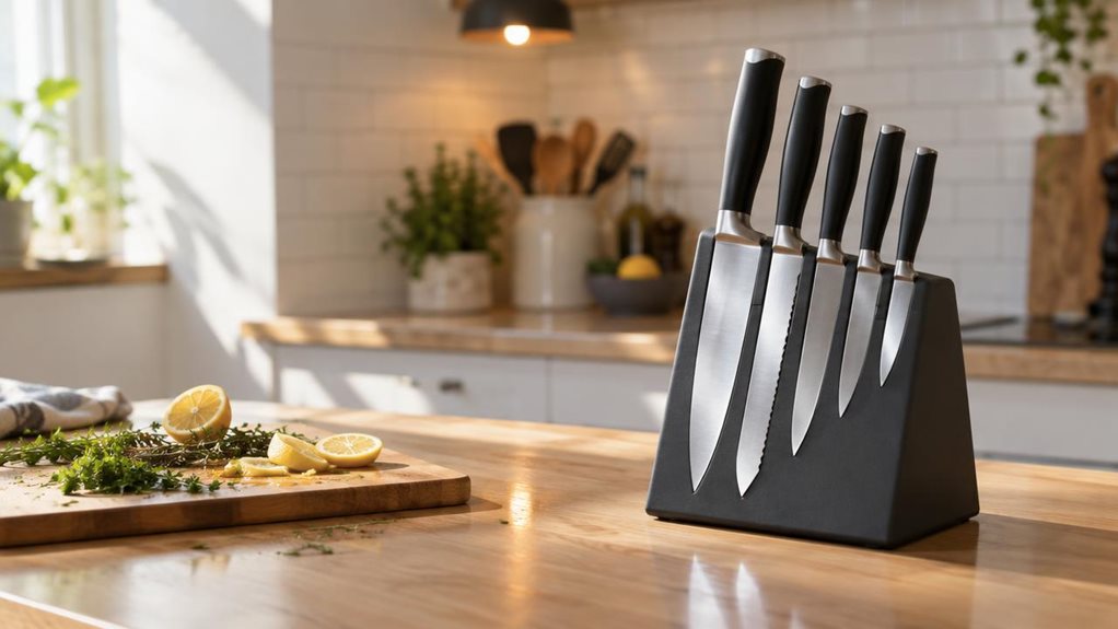 A photograph of a sleek knife block set resting on a light oak kitchen countertop, positioned slightly off-center to the right within a horizontal 16:9 frame. The matte charcoal block holds five knives with brushed stainless steel blades and ergonomic black handles, their edges catching soft daylight streaming in from an unseen window to the left. A wooden cutting board sits nearby with a few scattered lemon slices and fresh herbs, suggesting recent use without appearing stag