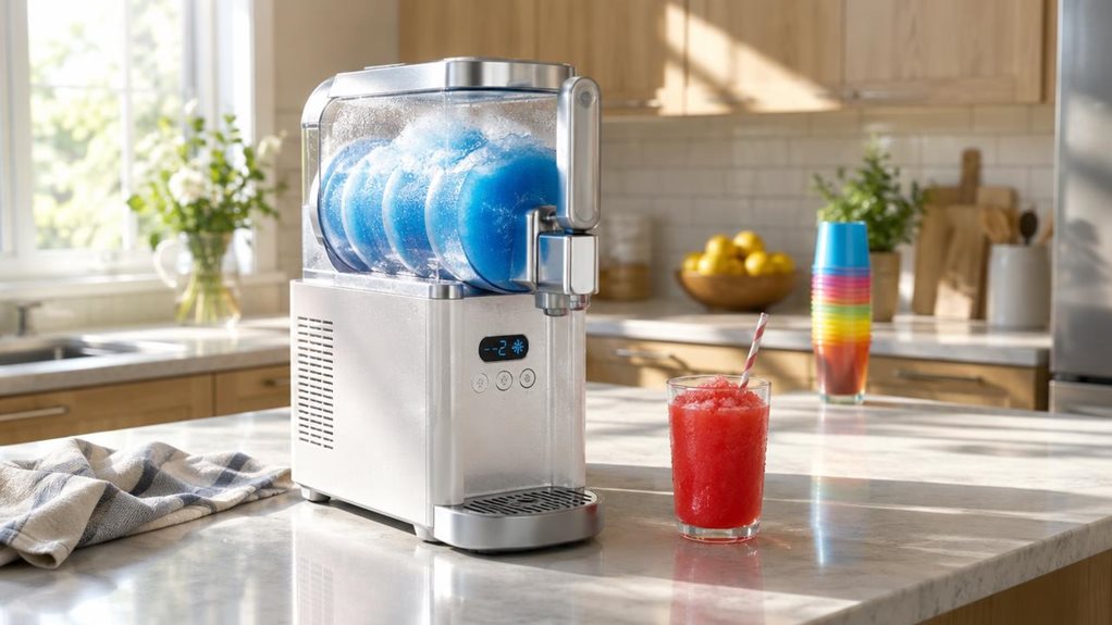A photograph of a sleek countertop slush machine resting on a sunlit kitchen island, its clear cylindrical drum showcasing a swirl of vibrant blue icy slush mid-freeze. The compact, white-and-silver unit features a minimalist control panel with a subtle digital display and rounded buttons, catching soft morning light streaming through a nearby window. Condensation beads lightly on the machine's exterior, hinting at its cold contents. In the blurred background, a modern kitche