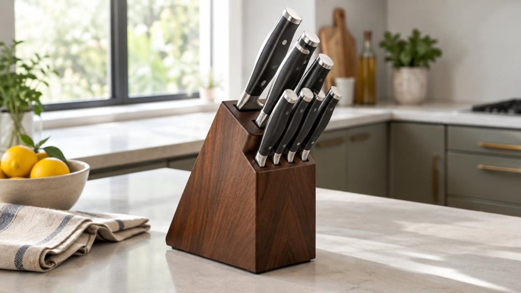 A photograph of a Tefal Ice Force K232S374 knife set, shown as a single product in a horizontally composed 16:9 landscape scene. The knives rest neatly in their dark wooden block on a clean, pale stone kitchen counter, with their polished blades catching gentle window light. A folded linen towel and a small bowl of fresh lemons sit nearby, giving the scene a lived-in, naturally arranged feel without distracting from the product. In the softly blurred background, modern cabine
