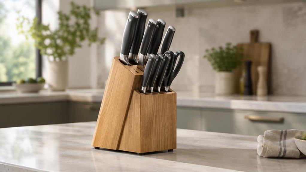 A photograph of a Tefal Ice Force wooden knife block, shown as the sole hero product in a horizontally composed 16:9 landscape scene. The block rests naturally on a pale stone kitchen counter, with its neatly arranged knives visible and their understated handles complementing the warm wood. A softly blurred, contemporary kitchen forms the background: muted cabinetry, a hint of greenery, and a folded linen towel add lived-in detail without distracting from the product. Gentle 