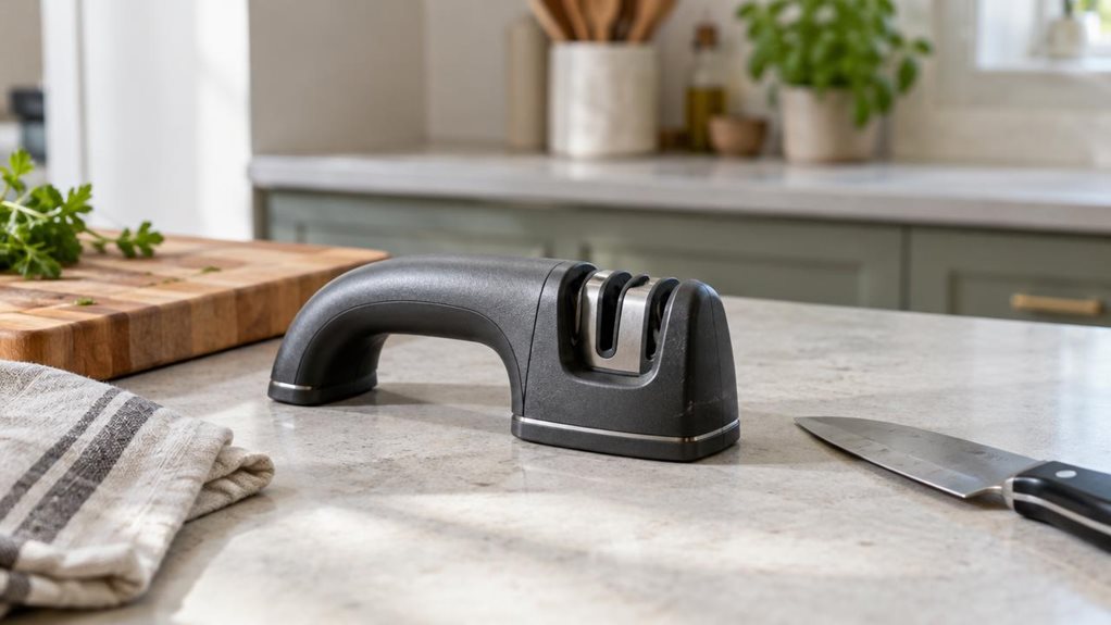 A photograph of a single knife sharpener resting on a pale stone countertop in a calm, modern home kitchen, composed as a horizontal 16:9 landscape scene. The compact, dark gray sharpener has a sturdy, gently curved body, subtle metallic details, and clearly visible sharpening slots, with a realistic matte finish and faint signs of everyday use. It sits naturally beside a wooden cutting board and a folded linen tea towel, while a chef’s knife lies nearby, safely at rest. Soft