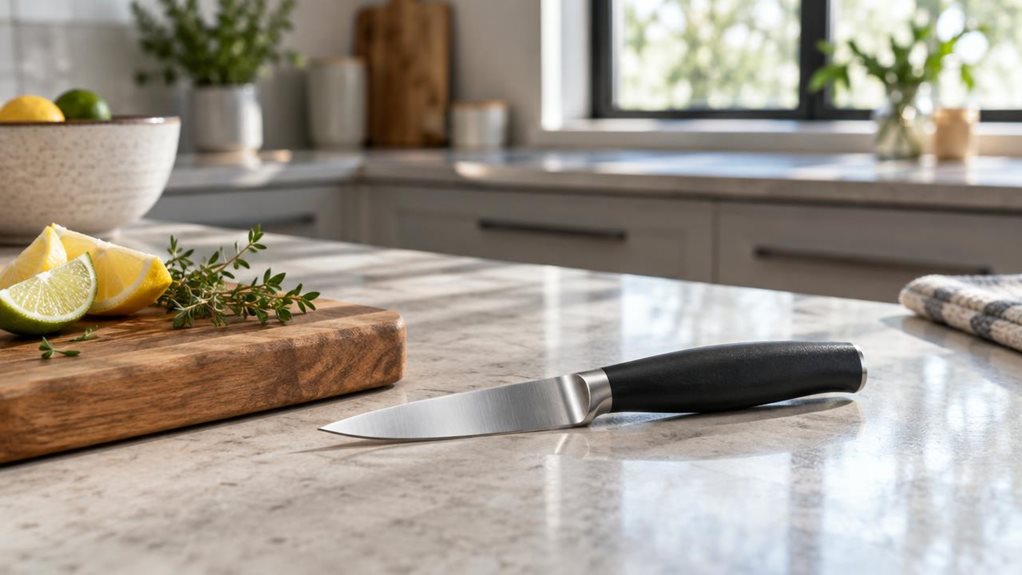 A photograph of a single paring knife resting naturally on a pale stone kitchen counter, its compact stainless-steel blade and dark ergonomic handle clearly visible. The knife is the hero of a horizontally composed 16:9 landscape scene, placed beside a small wooden cutting board with a few neatly arranged citrus wedges and a sprig of fresh herbs—quiet signs of everyday kitchen use, with no one in frame and no action underway. Soft window light falls across the brushed metal, 