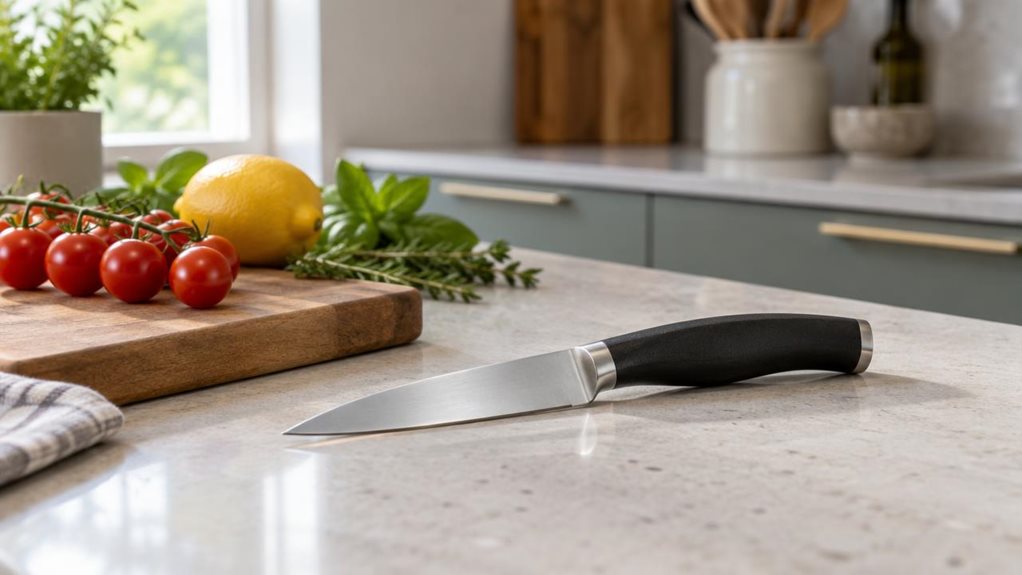 A photograph of a single 11 cm utility knife resting on a pale stone kitchen counter beside a wooden cutting board, its sleek stainless-steel blade and dark ergonomic handle clearly visible. A few neatly arranged cherry tomatoes, a lemon, and fresh herbs sit nearby, suggesting everyday kitchen use without making the scene feel staged. The knife is the unmistakable hero, captured in a candid, observational moment with no one present and no action underway. Soft window light fa