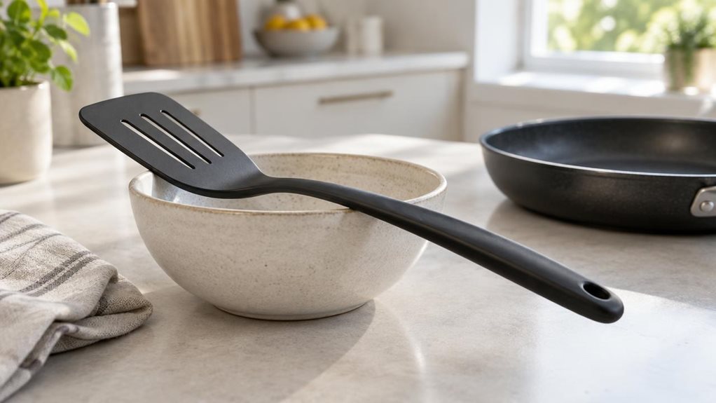 A photograph of a single black, scratch-resistant kitchen spatula resting diagonally across the rim of a light stoneware bowl on a clean, modern kitchen counter. Its smooth, heat-resistant head and sturdy handle are clearly visible, with a subtle hanging hole at the end. Nearby, a nonstick frying pan and a folded linen towel suggest everyday cooking, while the uncluttered setting keeps the spatula as the hero. The scene is candid and observational, as if casually captured bet
