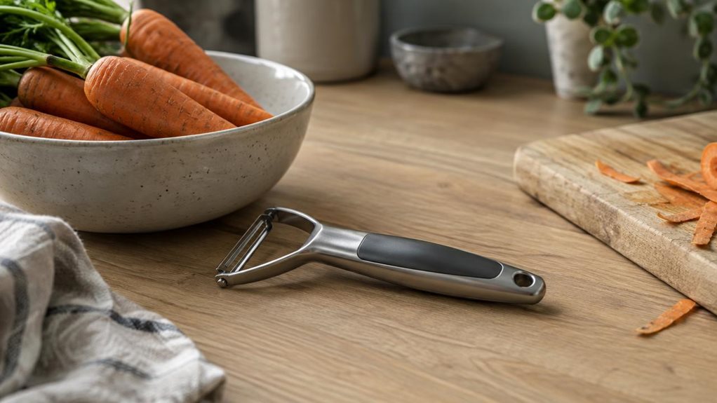 A photograph of a single modern vegetable peeler resting casually on a light oak kitchen countertop, captured in a horizontally composed 16:9 landscape frame with a soft, shallow depth of field. The peeler sits beside a ceramic bowl of fresh carrots and a partially used cutting board, suggesting everyday meal prep without any visible action. Its sleek stainless-steel blade and smooth, ergonomic handle are shown clearly, with subtle highlights from natural window light emphasi