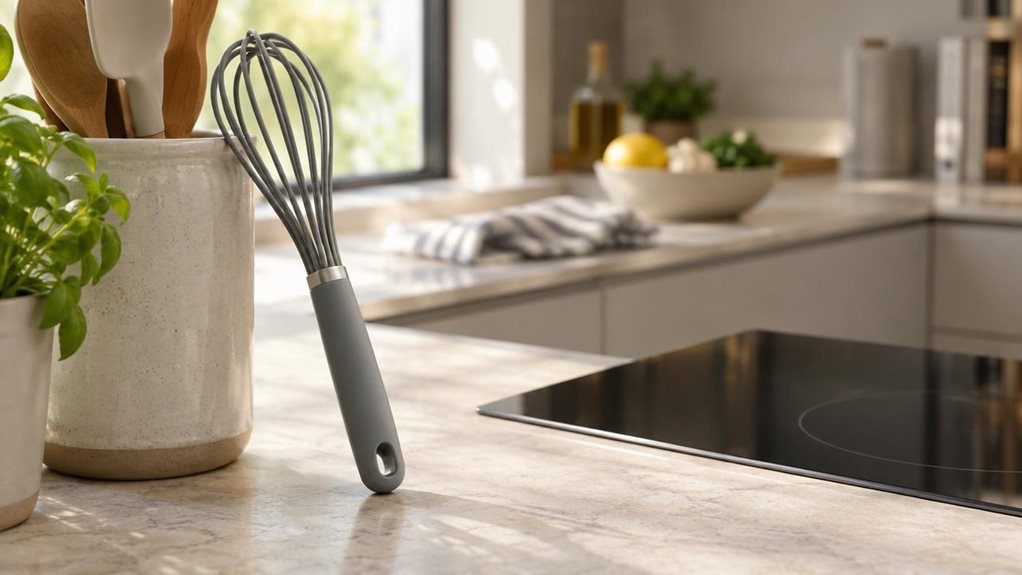 A photograph of a single heat-resistant whisk resting casually in a sleek, modern kitchen beside a ceramic utensil jar and a matte induction cooktop, captured in a horizontal 16:9 landscape frame. The whisk is the clear focal point, shown upright with a clean, ergonomic handle and softly textured silicone-coated loops that catch the light without looking staged. The scene feels naturally lived-in, as if someone set it down between cooking steps and the camera happened to noti