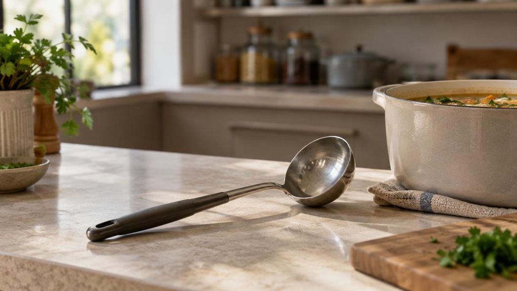 A photograph of a sleek, modern soup ladle resting casually beside a ceramic pot on a clean, minimalist kitchen countertop, framed in a horizontal 16:9 landscape composition. The ladle is the clear hero of the scene, shown in its natural setting near a simmering soup station, with the handle angled softly toward the viewer and the bowl of the ladle catching a gentle highlight. The kitchen features warm neutral tones, matte cabinetry, and subtle stone textures that create a co