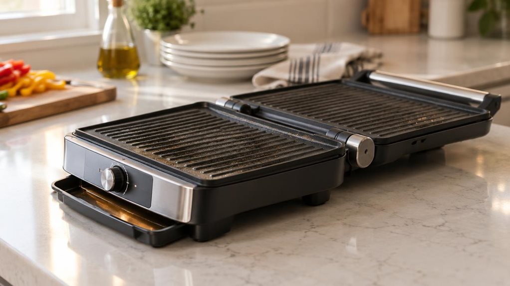 A photograph of a sleek 2-in-1 electric grill resting on a modern kitchen countertop, positioned slightly off-center in a horizontal 16:9 composition. The grill's clamshell lid is open flat, revealing ribbed non-stick plates with a faint sheen of recent use, a few grill marks visible. Soft morning light streams in from a nearby window, casting gentle highlights across the brushed matte black and silver exterior, with a warm glow catching the edge of the drip tray. In the blur
