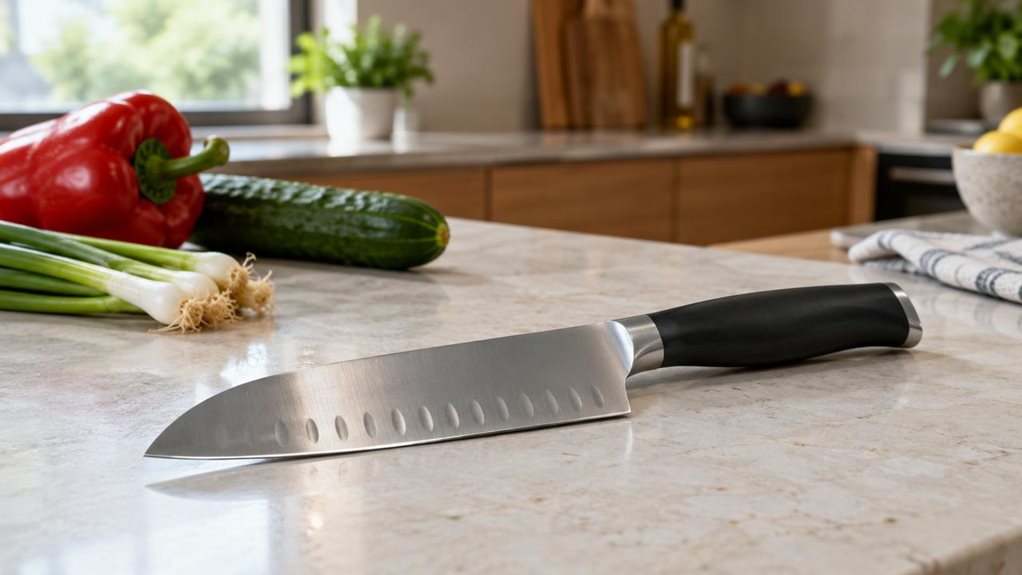 A photograph of a single 16.5 cm Santoku knife resting diagonally on a pale stone kitchen counter, its broad stainless-steel blade and dark ergonomic handle in crisp focus. A few neatly arranged vegetables—a red pepper, cucumber, and scallions—sit nearby, suggesting everyday meal preparation without showing anyone in action. The knife is the clear hero, presented naturally in a calm, contemporary home kitchen with warm wooden cabinetry and a softly blurred background. Gentle 