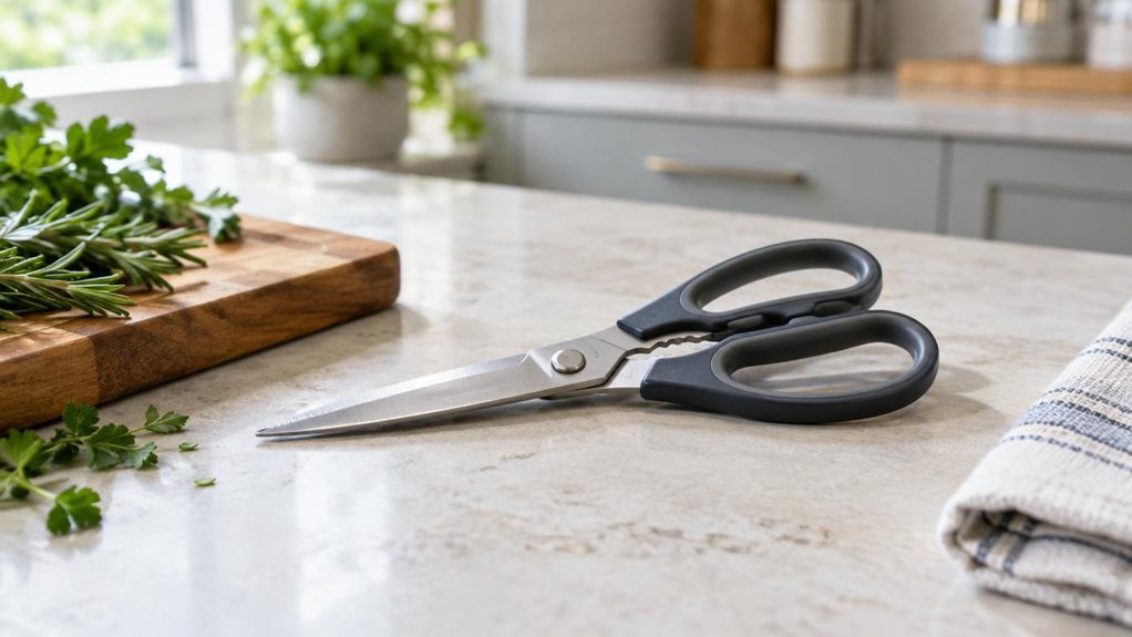 A photograph of a single pair of fresh kitchen scissors resting naturally on a pale stone countertop beside a wooden chopping board in a bright, modern kitchen. The scissors have realistic stainless-steel blades, softly contoured handles, and a practical, everyday design, with no visible branding or text. A few herbs and a folded kitchen towel sit nearby, adding a lived-in touch without distracting from the product. The horizontally composed 16:9 landscape scene feels candid 