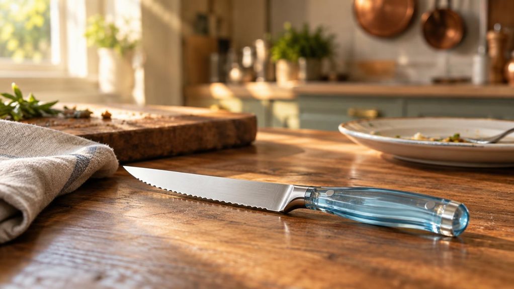 A photograph of a single Tefal K232S4 Ice Force steak knife resting diagonally across a rustic wooden dining table, its translucent ice-blue handle catching warm, natural light streaming in from a nearby window. The polished stainless steel blade reflects soft daylight, highlighting the serrated edge with subtle precision. Beside the knife, a linen napkin is loosely folded, and a wooden cutting board sits slightly out of focus in the background, suggesting a recently finished