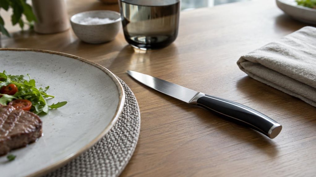 A photograph of a single steak knife from the Tefal K232S4 Ice Force Steak Knife Set, resting naturally beside a ceramic dinner plate on a contemporary dining table. The knife is the clear hero, its polished stainless-steel blade catching a gentle glint of daylight and its dark, ergonomic handle sharply in focus. A folded linen napkin and a few understated tableware pieces sit nearby, suggesting a relaxed meal without making the scene feel staged. Composed horizontally in a 1