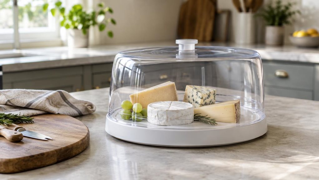 A photograph of a single large, clear cheese preserver resting naturally on a pale stone kitchen counter, its transparent domed lid and sturdy white base showing a few neatly arranged cheeses inside. The preserver is the hero of a horizontally composed 16:9 landscape scene, positioned beside a wooden cutting board, a small cheese knife, and a casually folded linen cloth. Soft daylight falls across the counter from a nearby window, creating gentle highlights on the clear plast