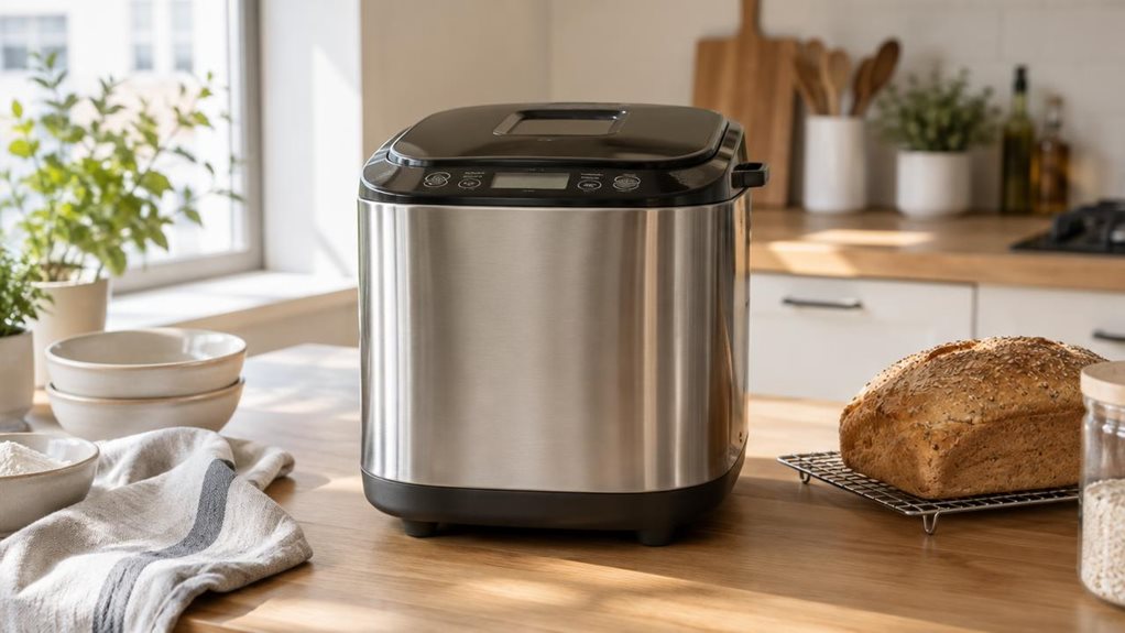 A photograph of a sleek stainless steel bread maker sitting naturally on a warm, light oak kitchen counter in a bright modern apartment, framed in a horizontal 16:9 landscape composition. The appliance is centered as the quiet hero of the scene, with its glossy lid, soft-touch control panel, and subtle matte accents rendered in crisp detail, while the surrounding kitchen fades into a soft background blur. Sunlight streams in from a nearby window, casting gentle highlights and
