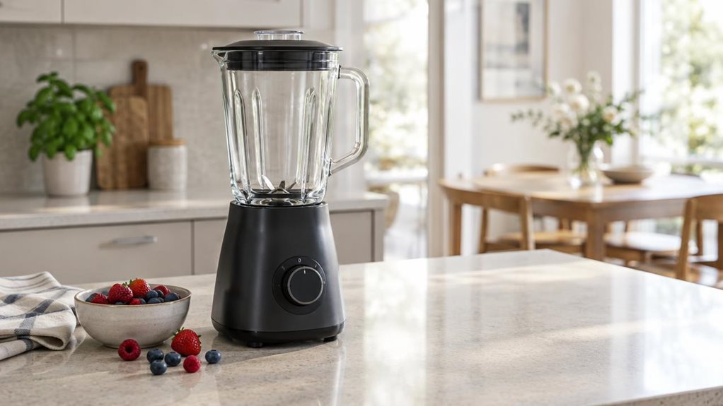 A photograph of a single countertop blender in a calm, modern home kitchen, composed horizontally in a 16:9 landscape frame. The blender sits naturally on a pale stone countertop, its clear glass jug, dark base, fitted lid, and subtle control dial rendered with realistic materials and proportions. A few fresh berries and a folded kitchen towel rest nearby, suggesting everyday use without making the scene feel staged or showing the blender in action. Soft window light falls ac