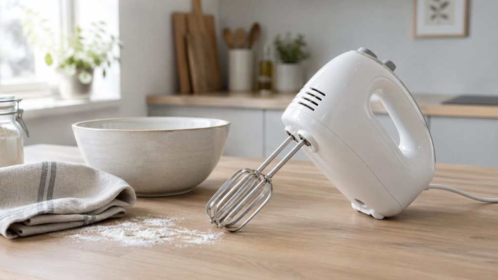 A photograph of a sleek white hand mixer resting casually on a light oak kitchen counter, shot in a horizontally composed 16:9 landscape frame. The mixer is placed in its natural setting near a ceramic mixing bowl, a folded linen towel, and a small dusting of flour, suggesting a quiet baking moment without any action. Soft morning daylight streams in from a nearby window, creating gentle highlights across the smooth plastic body and metallic beaters, while the background fall
