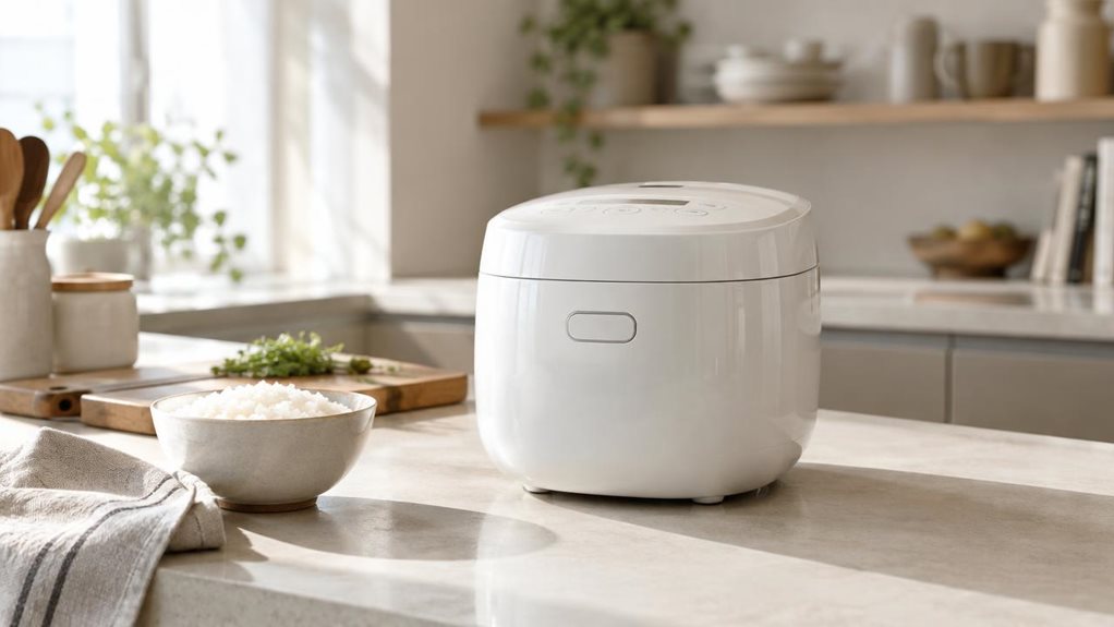 A photograph of a compact white rice cooker resting naturally on a clean, light-toned kitchen countertop in a bright modern apartment, shown in a horizontally composed 16:9 landscape frame. The appliance sits near a wooden cutting board, a small bowl of steamed rice, and a linen towel, suggesting an everyday cooking scene without looking staged or mid-action. Its rounded, minimalist design and subtle controls make it feel at home in a contemporary kitchen with soft neutral ca