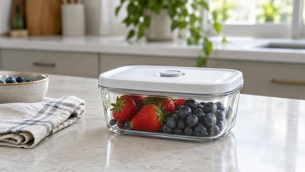 A photograph of a single clear vacuum food container resting on a pale stone kitchen counter, framed in a horizontal 16:9 landscape composition. The container has a softly rounded rectangular shape, a transparent body, and a simple white lid with a small vacuum valve; a few neatly arranged strawberries and blueberries inside show how it might be used to keep food fresh. Beside it sits a folded linen tea towel and a small ceramic bowl, adding a lived-in touch without distracti