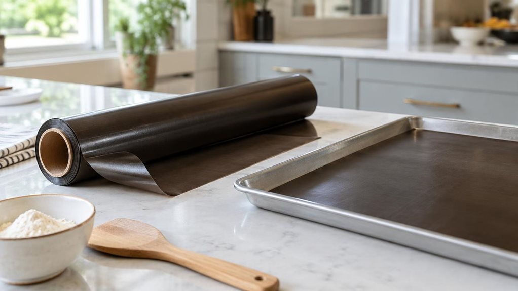 A photograph of a reusable Teflon baking film roll resting on a clean kitchen counter beside a baking tray lined with a neatly cut sheet. The roll is the clear hero, its dark, smooth surface catching a subtle sheen, with one corner of the flexible film gently curling to reveal its thin, heat-resistant texture. A few understated baking essentials—a wooden spatula and a small bowl of flour—sit nearby, suggesting everyday use without making the scene feel staged. The composition
