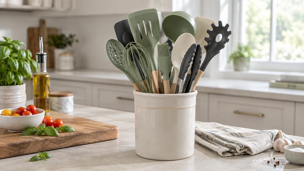 A photograph of a 12-piece silicone kitchen utensil set arranged neatly in a ceramic crock on a light stone countertop, with a spatula, ladle, whisk, tongs, and other tools visible in muted sage, cream, and charcoal tones. The set is the clear hero, naturally at home in a bright, modern kitchen beside a wooden cutting board and a small bowl of fresh ingredients. A folded linen towel and a few subtle cooking essentials add lived-in detail without clutter. The scene feels candi