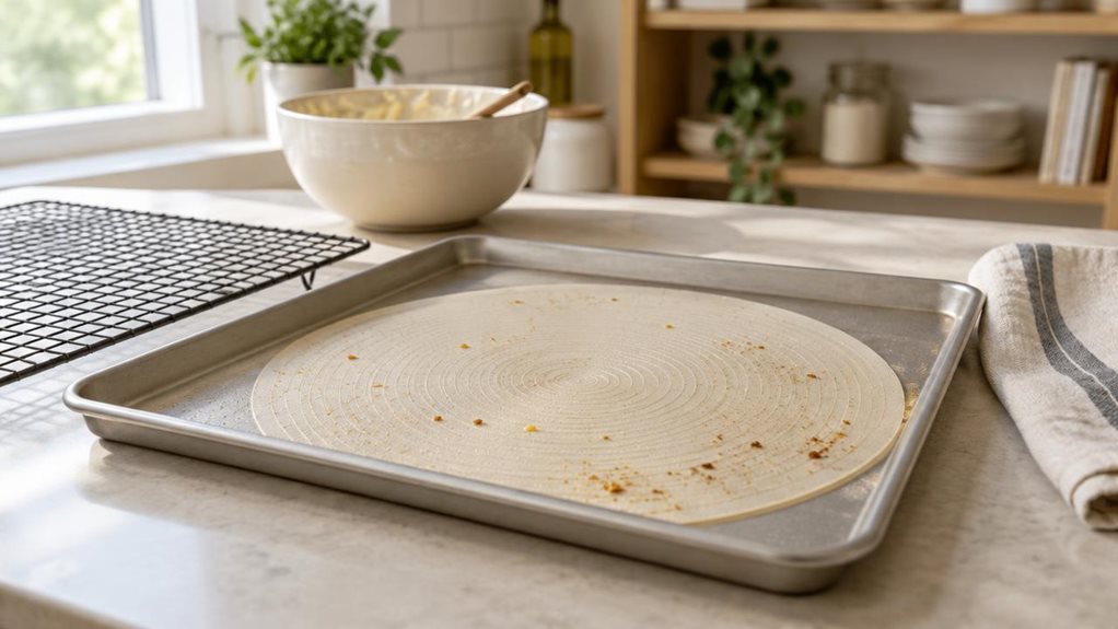 A photograph of a single reusable round baking mat resting flat on a clean baking sheet in a bright, modern home kitchen. The mat is the clear hero, its pale silicone surface and subtle concentric texture shown in crisp detail, with a few baked-on crumbs suggesting it has been used naturally. The baking sheet sits on a light stone countertop beside a cooling rack and a folded linen tea towel; a mixing bowl and softly blurred kitchen shelves sit farther back. The scene feels c