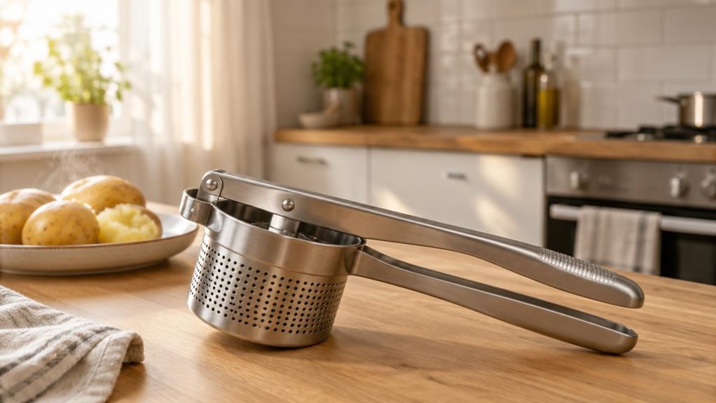 A photograph of a stainless steel potato ricer resting on a light oak kitchen countertop, positioned diagonally across the lower third of the frame in a horizontal 16:9 composition. The ricer's perforated chamber catches soft, diffused daylight streaming in from a nearby window, highlighting the brushed metal texture and ergonomic handles. A few freshly boiled potatoes sit beside it on a small ceramic plate, with faint wisps of steam still visible. In the background, softly b