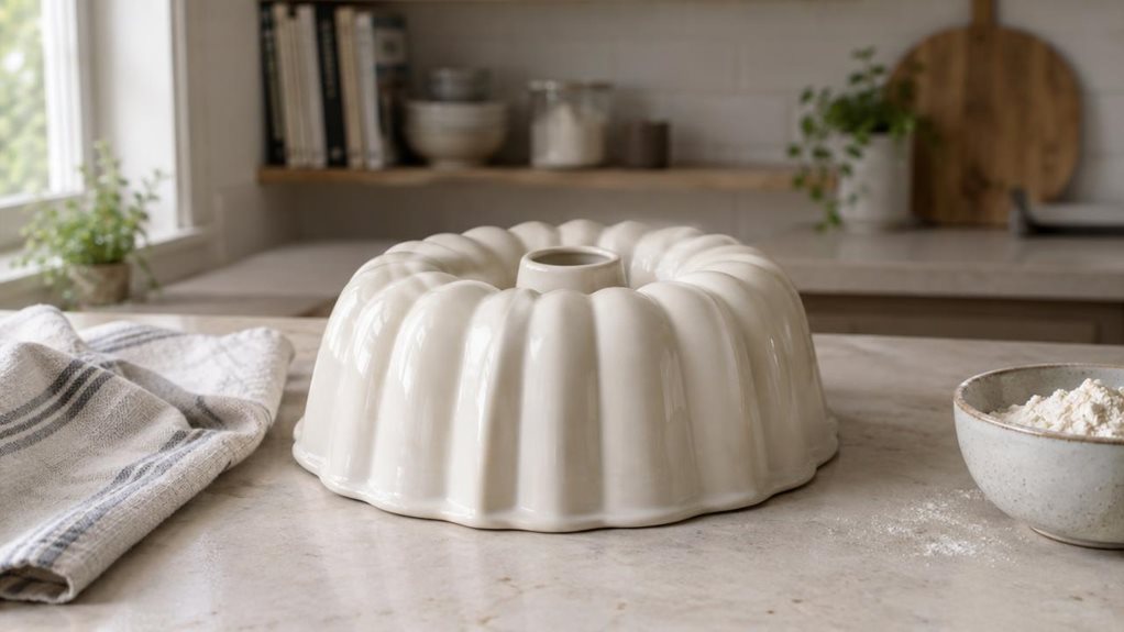 A photograph of a single ceramic Bundt cake mould resting on a pale stone kitchen counter, its fluted ring shape and smooth, warm-white glaze clearly visible. The mould is the hero of a horizontally composed 16:9 landscape scene, placed naturally beside a folded linen tea towel and a small bowl of flour in a calm, contemporary home kitchen. A wooden cutting board and softly suggested shelves recede into the background, gently blurred to give the image depth without distractin