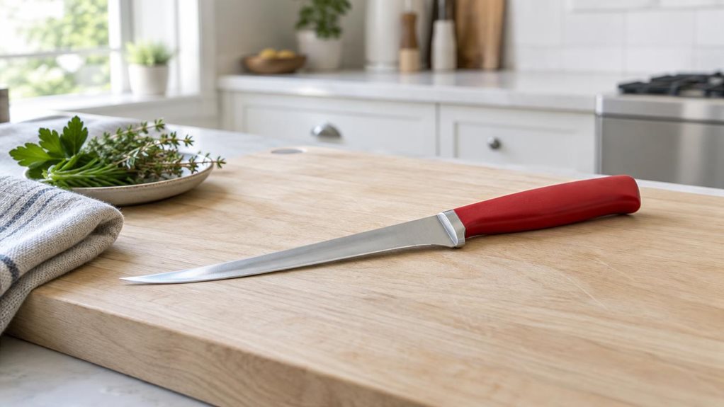 A photograph of a single 18 cm fillet knife resting naturally on a pale wooden cutting board in a bright, modern home kitchen. The slim stainless-steel blade lies at a slight diagonal, its fine edge and gentle curve catching a soft glint of daylight; the simple red handle is fully visible and cleanly joined to the blade. A folded linen towel and a small plate of fresh herbs sit nearby, suggesting an everyday cooking setting without distracting from the knife. The scene feels 
