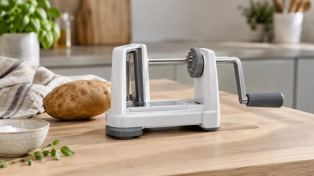 A photograph of a sleek spiral potato cutter resting naturally on a light oak kitchen counter in a horizontally composed 16:9 landscape scene. The compact hand-crank tool sits beside a whole russet potato, a linen towel, and a small ceramic bowl, creating a quiet, modern home-cooking atmosphere. Soft natural daylight streams in from an unseen window, casting gentle shadows and subtle highlights across the polished plastic and brushed metal surfaces. The background fades into 