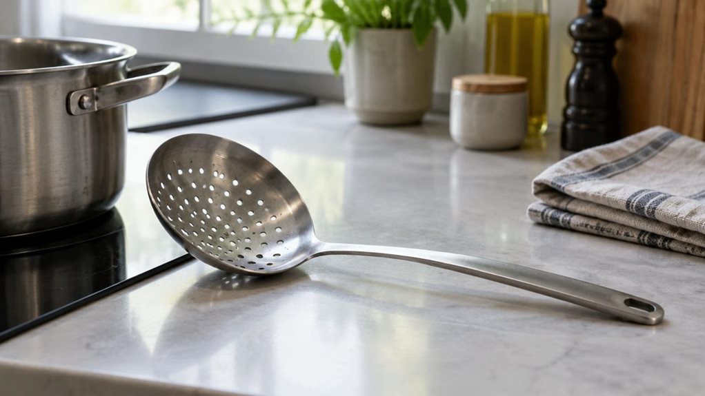 A photograph of a single stainless-steel kitchen skimmer resting casually beside a pot on a clean, modern kitchen counter, composed as a horizontal 16:9 landscape scene. Its broad, shallow perforated bowl and long, slim handle are clearly visible, with realistic brushed-metal reflections and subtle signs of everyday use. The skimmer is the hero of the image, placed naturally within a calm cooking space; a stovetop, folded linen towel, and a few understated kitchen items sit n