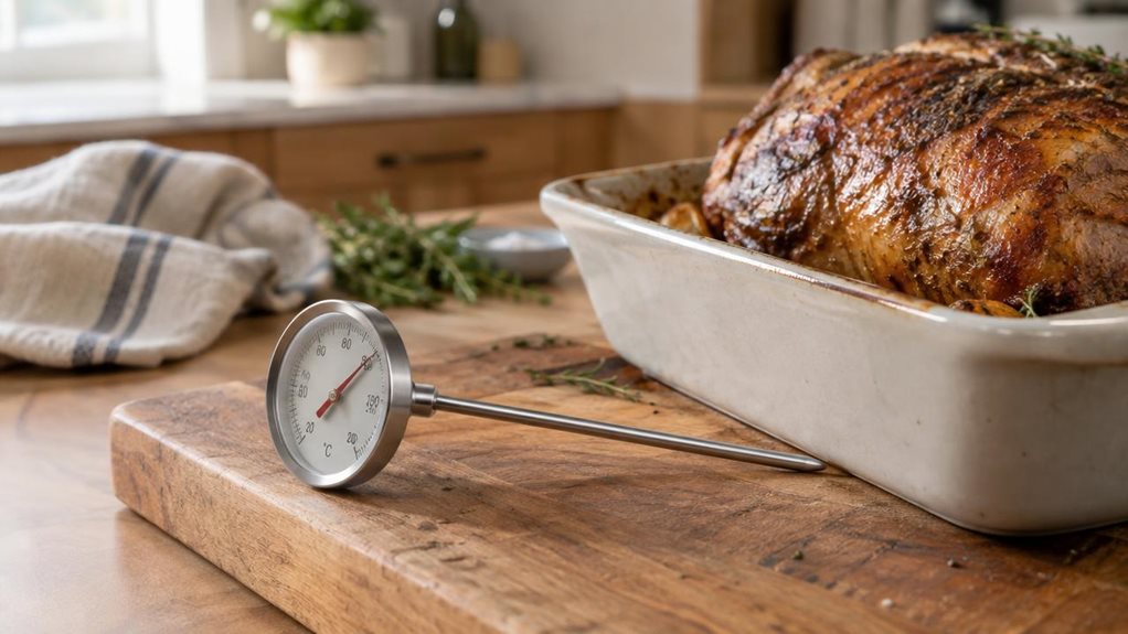 A photograph of a single roasting thermometer resting beside a golden-brown roast in a home kitchen, composed as a horizontal 16:9 landscape scene. The thermometer is the clear hero, its slim stainless-steel probe and round analog dial sharply rendered on a wooden cutting board near a ceramic roasting dish. The dial has a realistic glass face, fine measurement markings, and a simple unbranded metal casing. In the softly blurred background, a linen towel, a few herbs, and warm