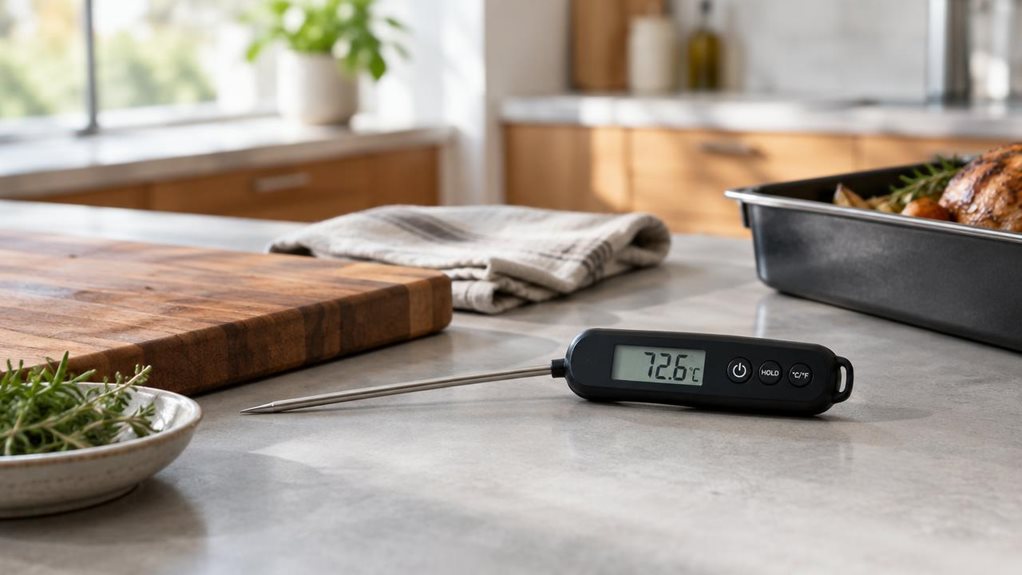 A photograph of a single digital meat thermometer resting beside a wooden cutting board on a modern kitchen counter, composed as a horizontal 16:9 landscape scene. Its slim stainless-steel probe lies neatly alongside the compact black display unit, whose clear screen shows a plausible temperature reading. A folded linen towel, a small dish of herbs, and a roasting pan sit nearby, suggesting a home cooking setting without appearing staged or mid-action. The thermometer is the 