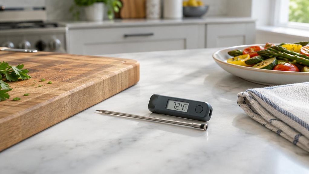A photograph of a single digital instant-read meat thermometer resting beside a wooden cutting board on a bright, modern kitchen counter, composed as a horizontal 16:9 landscape scene. The slim stainless-steel probe lies neatly alongside the compact, dark-gray handheld display, its clear screen showing a plausible temperature reading. A folded kitchen towel and a small plate of freshly prepared vegetables sit nearby, suggesting everyday cooking without making the scene feel s