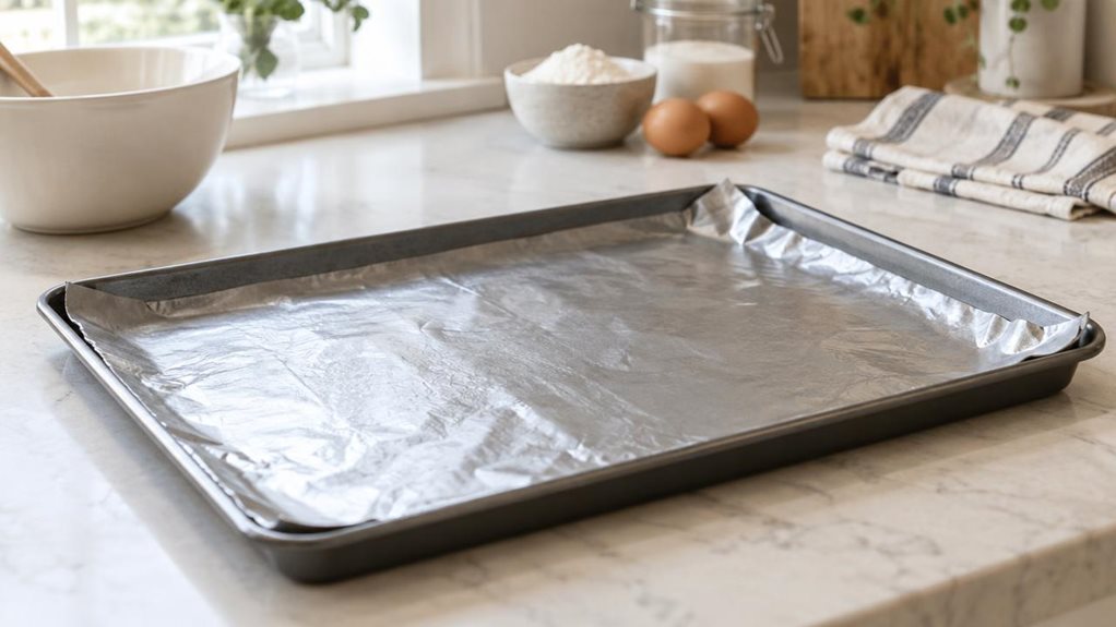 A photograph of a single reusable baking foil sheet resting naturally on a clean baking tray in a bright, modern home kitchen. The scene is composed horizontally in a 16:9 landscape format, with the tray and foil as the clear focal point on a pale stone countertop. The foil has a realistic, slightly crinkled metallic surface with a subtle nonstick sheen, catching the soft daylight from a nearby window. In the softly blurred background, a mixing bowl, folded kitchen towel, and