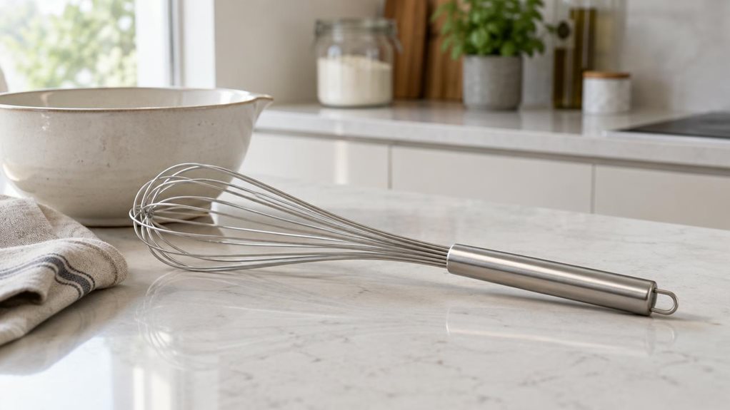 A photograph of a single long stainless steel whisk, about 55 cm in length, resting casually on a pale quartz kitchen counter beside a ceramic mixing bowl and a folded linen towel in a bright, modern home kitchen. The horizontally composed 16:9 landscape frame feels candid and observational, as if captured quietly during a real cooking day rather than staged. Soft natural window light highlights the polished metal wires and clean handle, with subtle reflections and realistic