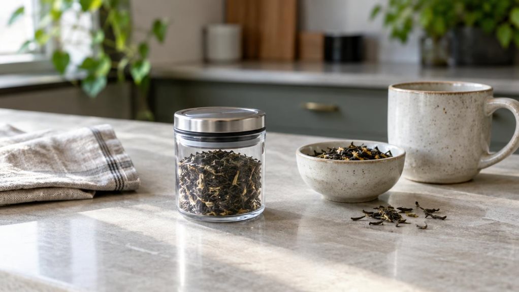 A photograph of a single compact vacuum jar, approximately 0.06 liters in size, resting on a pale stone kitchen counter beside a small bowl of loose-leaf tea and a ceramic mug. The jar is the clear hero, shown at a natural three-quarter angle with its fitted lid and subtle sealing details visible, its unmarked surface clean and realistic. A folded linen towel and a few tea leaves nearby suggest everyday use without making the scene feel staged. The horizontally composed 16:9 