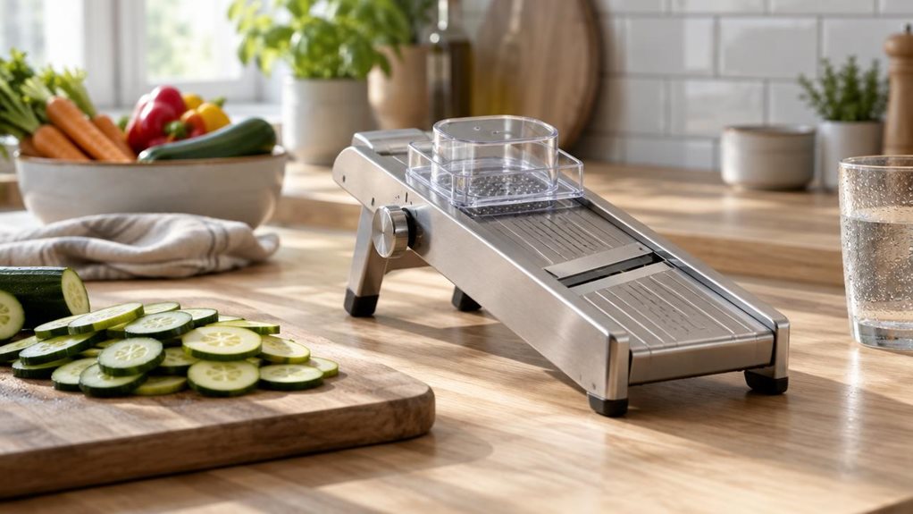 A photograph of a sleek, stainless-steel vegetable slicer resting on a light oak kitchen countertop, positioned slightly off-center to the right within a horizontal 16:9 frame. The slicer features a minimalist German-engineered design, with a clean brushed-metal body, a clear polycarbonate food holder, and a razor-sharp adjustable blade mechanism visible from the side. Beside it, a small pile of freshly sliced cucumber and zucchini rounds sits on a wooden cutting board, catch