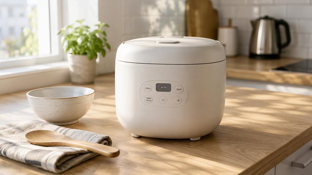 A photograph of a compact 1.5-liter mini rice cooker placed naturally on a light oak kitchen counter in a bright, modern apartment, captured in a horizontal 16:9 landscape frame. The appliance sits beside a small ceramic bowl, a folded linen towel, and a wooden spoon, suggesting a quiet everyday cooking moment rather than a staged setup. Its smooth matte finish, rounded silhouette, and minimalist control panel give it a clean, contemporary look that blends into the neutral-to
