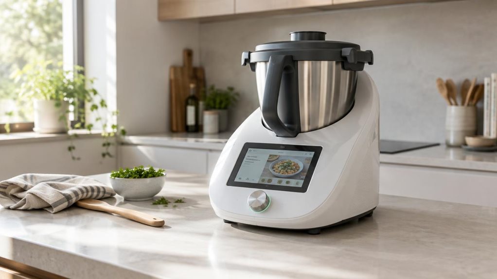 A photograph of a single sleek countertop cooking robot in a calm, modern home kitchen, composed horizontally in a 16:9 landscape frame. The appliance is the clear hero, resting naturally on a pale stone counter beneath simple cabinetry, with its rounded body, integrated touchscreen, fitted lid, and stainless-steel cooking bowl rendered with realistic materials and fine detail. A folded tea towel, a wooden utensil, and a small bowl of fresh herbs sit nearby, suggesting everyd