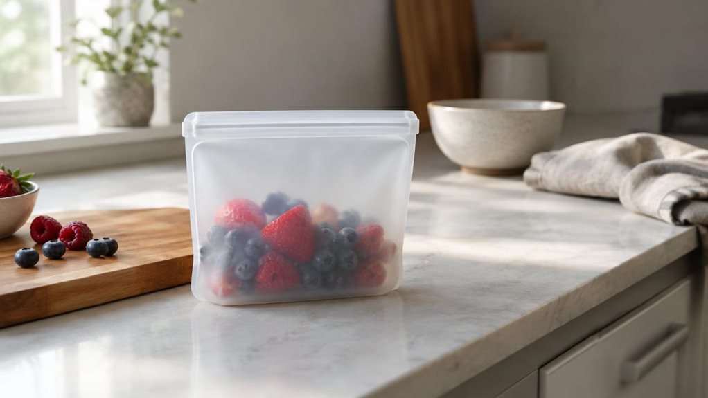 A photograph of a single reusable silicone food bag displayed on a clean, modern kitchen countertop in a horizontally composed 16:9 landscape scene, as if casually captured with a high-end camera during a quiet morning. The translucent silicone bag sits upright beside a wooden cutting board, a few fresh berries inside hinting at everyday food storage, with subtle matte texture, rounded corners, and a simple zip closure. Soft natural window light washes across the scene, creat