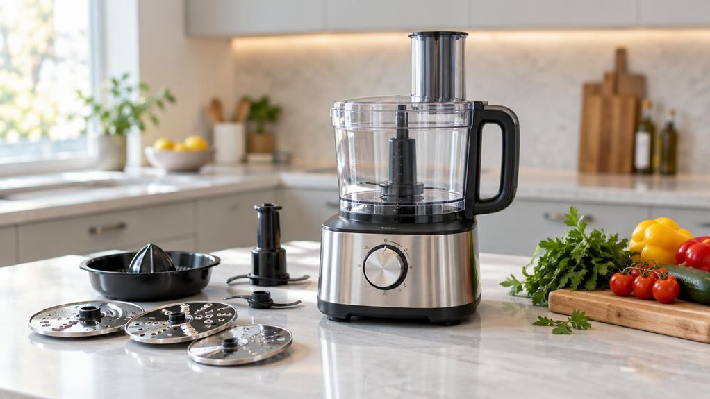 A photograph of a single 6-in-1 food processor resting on a clean kitchen counter in a horizontally composed 16:9 landscape scene. The compact appliance has a clear work bowl, a fitted lid and feed chute, and neatly arranged attachments beside it, with realistic brushed-metal and matte plastic details. A few fresh vegetables, herbs, and a wooden cutting board sit nearby, suggesting everyday meal preparation without showing anyone mid-action. The product is the clear hero, nat