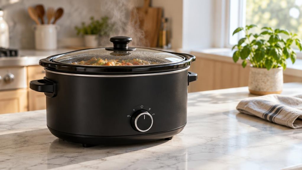 A photograph of a black oval slow cooker with a glossy ceramic lid and brushed matte black housing, sitting on a pale marble kitchen countertop near a sunlit window. The scene is horizontally composed in a 16:9 landscape frame, capturing the slow cooker slightly off-center to the left, allowing negative space to the right where a folded linen kitchen towel and a small potted herb plant rest softly out of focus. Steam gently rises from beneath the glass lid, suggesting a stew