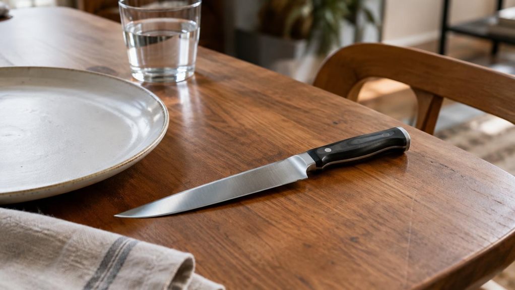 A photograph of a single jumbo steak knife resting naturally beside a ceramic dinner plate on a warmly toned wooden dining table, ready for a relaxed meal. Its long stainless-steel blade and dark, subtly textured handle are clearly visible, with realistic brushed-metal reflections and fine details. A folded linen napkin and a simple glass of water sit nearby, suggesting an everyday dining setting without making the arrangement feel staged. The horizontally composed 16:9 lands