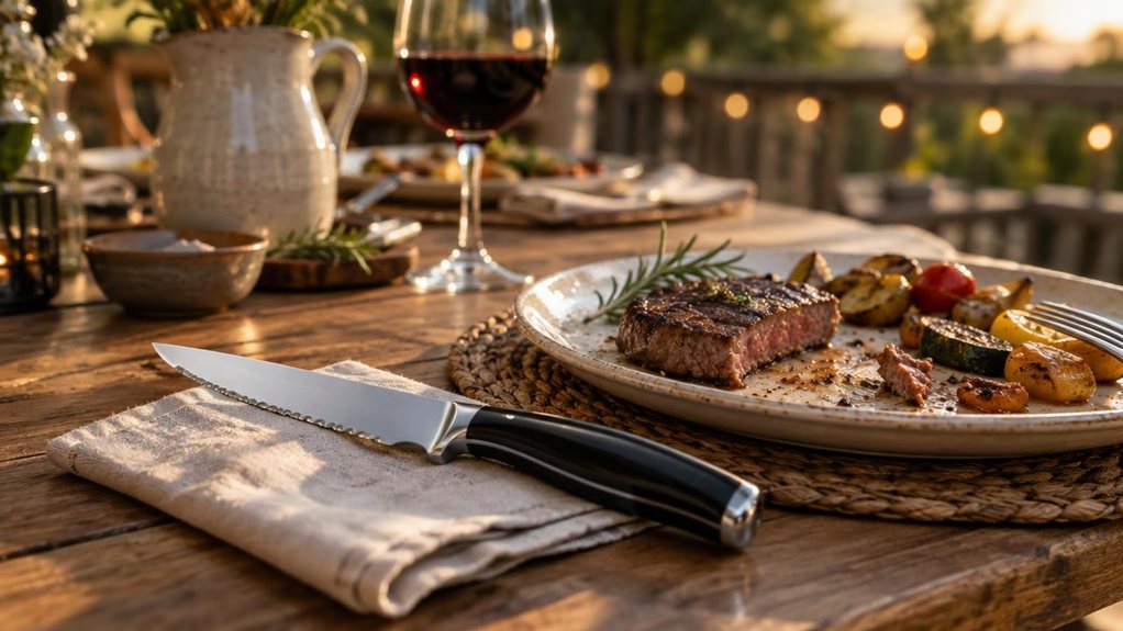 A photograph of a rustic wooden dining table set for dinner, captured in warm natural light streaming from a nearby window. In the foreground, resting on a folded linen napkin, is a single jumbo steak knife with a sleek stainless steel blade and a smooth, polished black handle, its serrated edge catching a subtle glint of sunlight. The knife rests beside a half-finished plate of grilled steak and roasted vegetables, suggesting a meal in progress. A glass of red wine sits slig